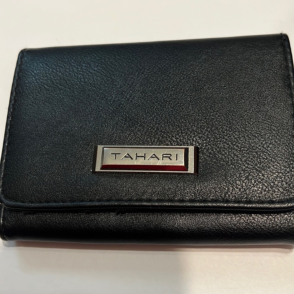 Tahari black leather ladies wallet with silver  trim